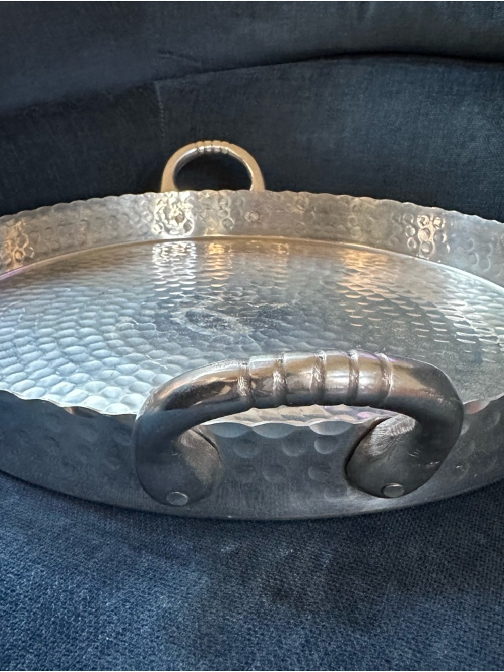 Hammered Metal Serving Tray in Silver with Curved Handles